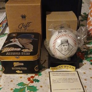 Nolan Ryan Embossed Metal Collector Cards In Tin And Baseball With Stand